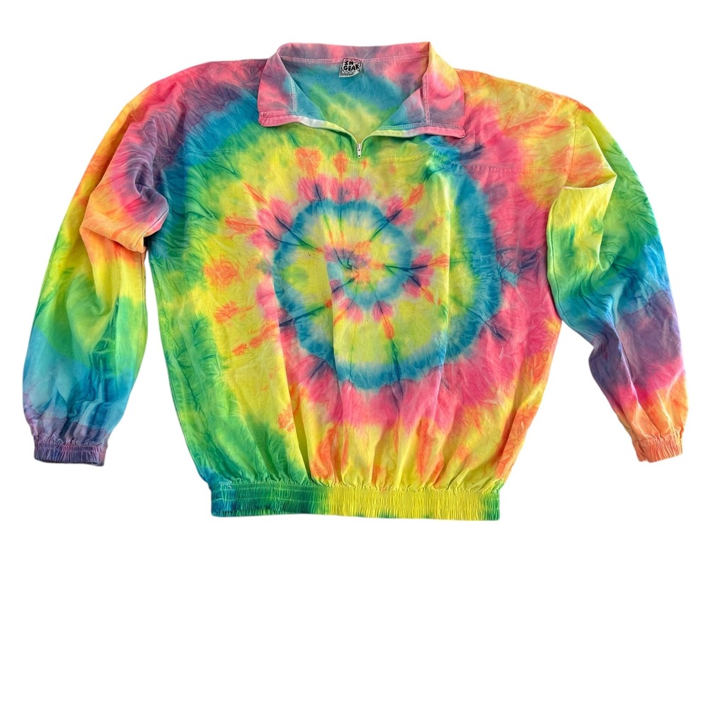 IN GEAR Neon Multicolored Tie Dye Zip Neck Pullover Made in USA One Size